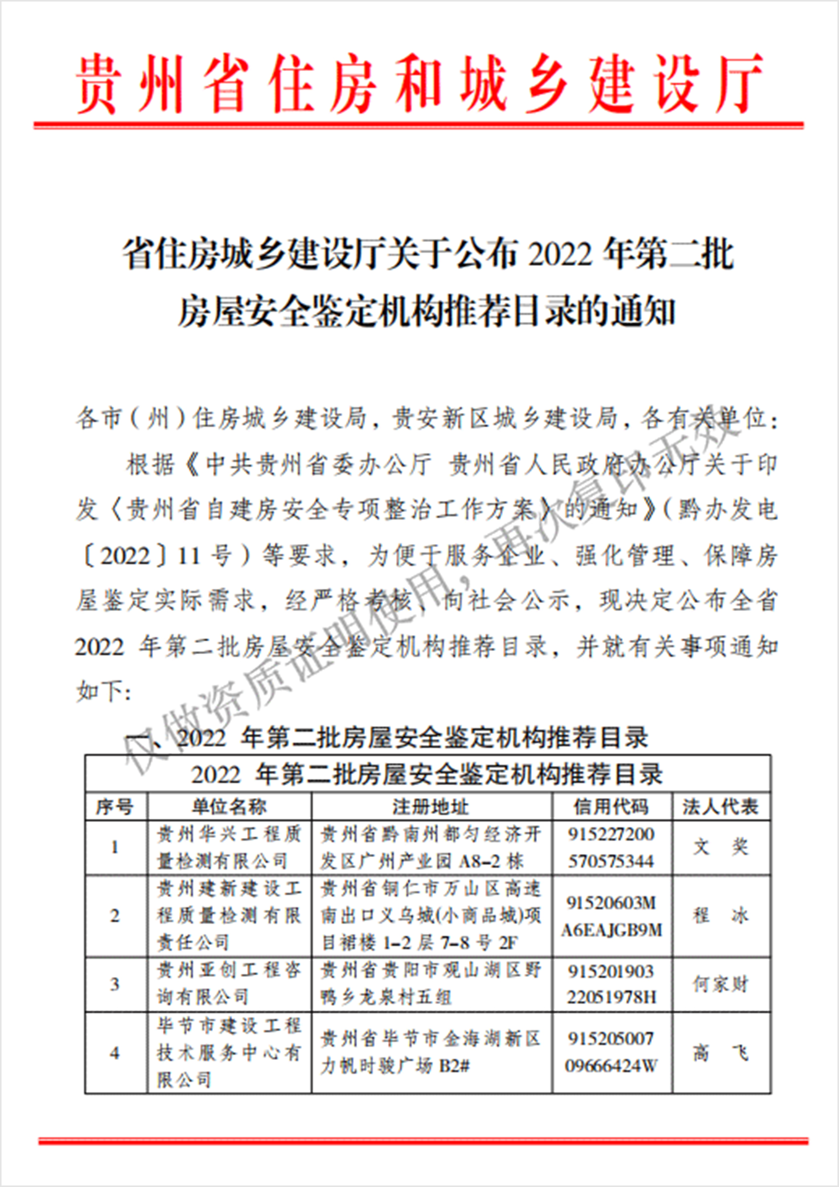 省住房城乡建设厅关于公布2022年第二二批房屋安全鉴定机构推荐目录的通知